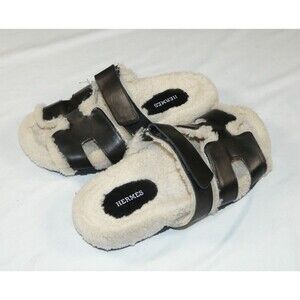 Hermes Chypre Black Sandals Shearling Leather Calfskin Goatskin Women's 40 / 9.5